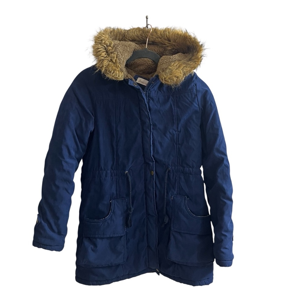 Navy blue with brown fleece winter jacket, small